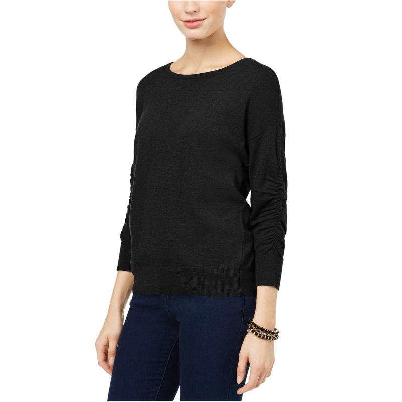 I.N.C International Concepts Womens Ruched-Sleeve Knit Sweater, black, Large
