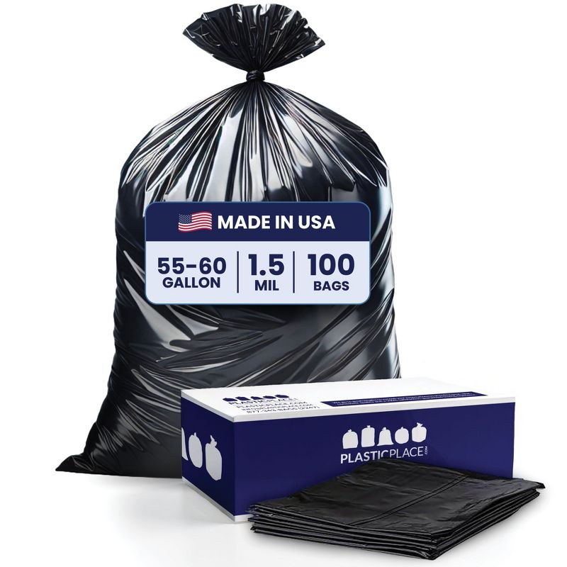 Plasticplace Heavy Duty 55-60 Gallon Trash Bags, Black (100 Count)