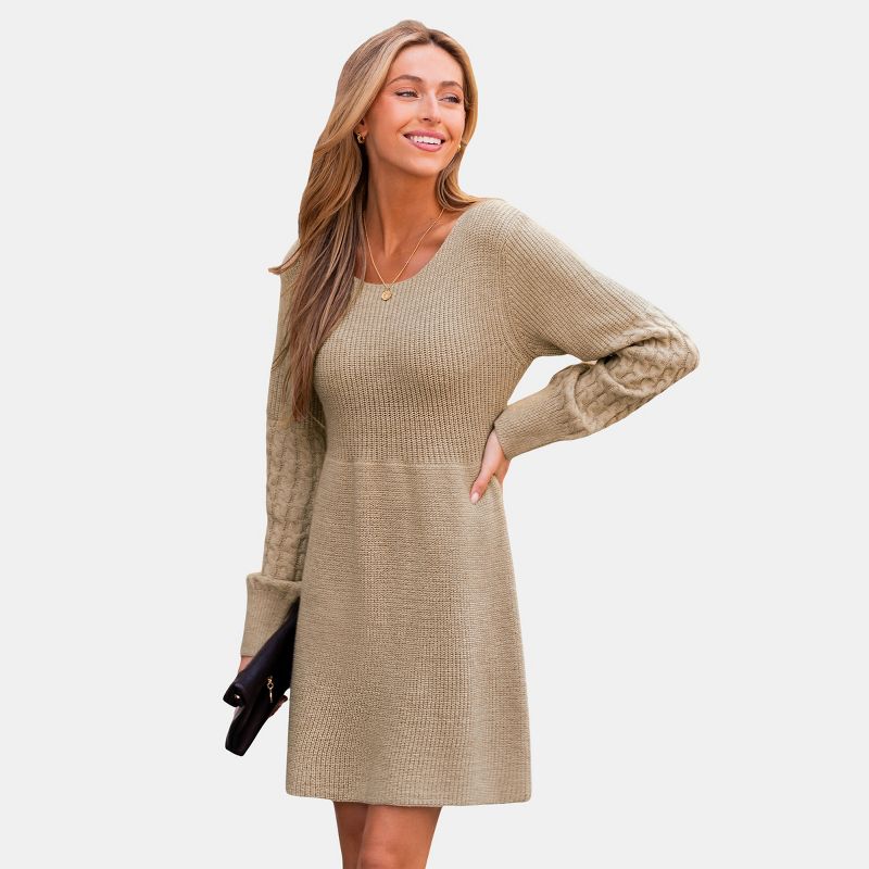 Women's Cozy Knitted Sweater Dress with Cable Knit Sleeves - Cupshe-S-Brown