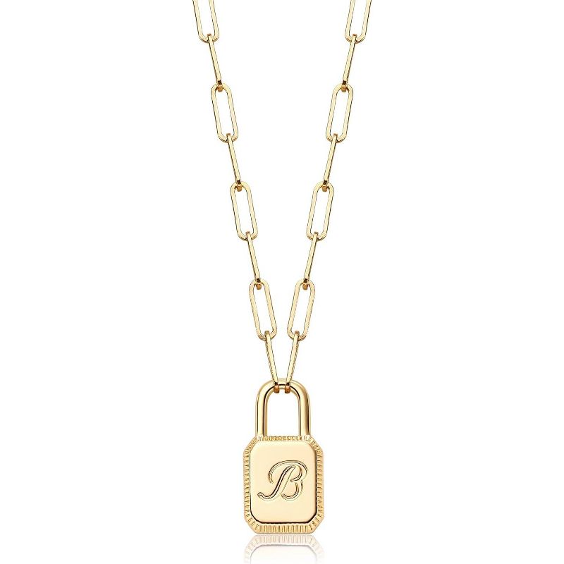 Lock Necklace, 14K Gold Plated Adjustable Paperclip Chain Dainty Lock Pendant Necklace Personalized Engraved Letter Jewelry for Women