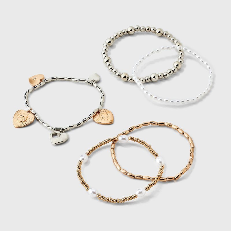 Heart Charm and Pearl Beaded Bracelet 5pc Set - Wild Fable™ Gold