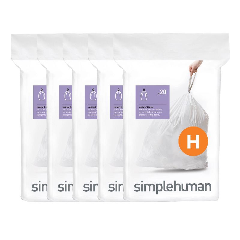 simplehuman 30L-35L Code H Custom Fit Kitchen Trash Bag Liners 5 Quick Dispense Packs - 100ct: Tall Kitchen, Drawstring, White