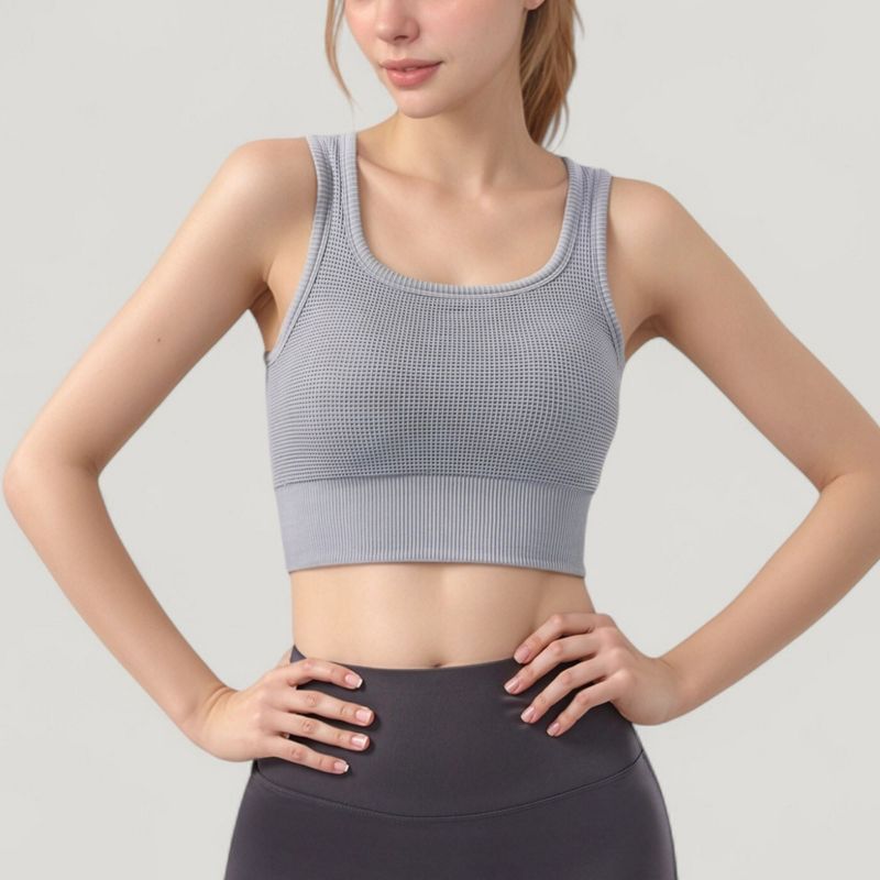 Anna-Kaci Active Women's Ribbed Seamless Sports Bra with Scoop Neck and Wide Straps - Large, Gray