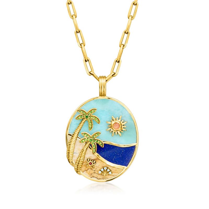 Ross-Simons 0.26 ct. t.w. Multi-Gemstone Beach Pendant Paper Clip Link Necklace in 18kt Gold Over Sterling Size 18