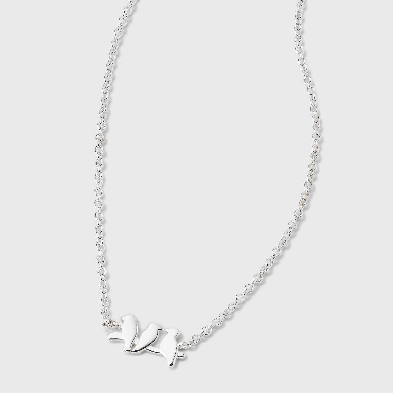 Silver Plated Triple Bird Pendant Necklace - Silver