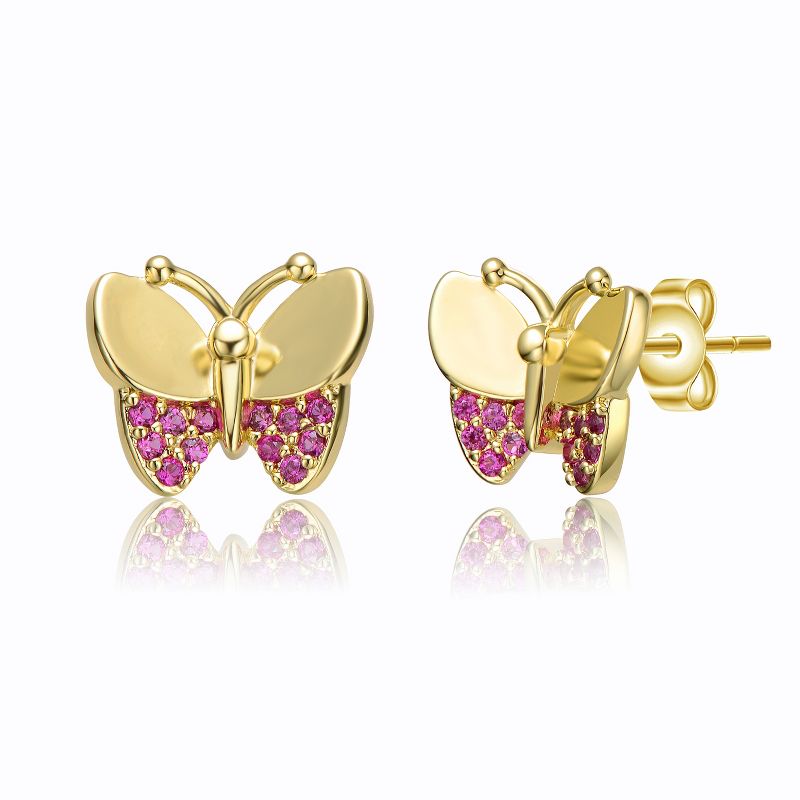 Guili Kids? Ruby Glow Butterfly Stud Earrings in 14k Gold Plating with Pave Cubic Zirconia, A Beautiful & Dainty Addition to Any Jewelry Set