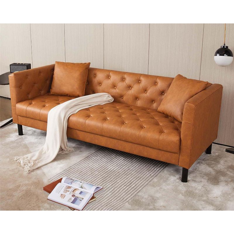 78" Leather Couch for Living Room, Handmade Button Tufted 3 Seater Sofa, Chesterfield Sofa with Deep Seat and 2 Pillows