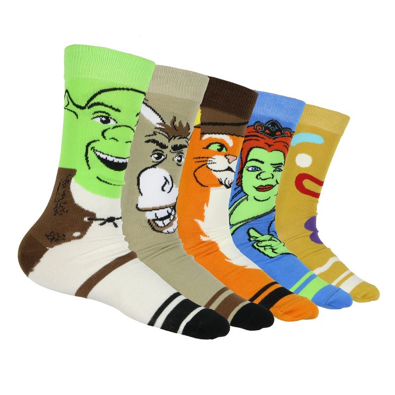 Dreamworks Shrek Socks Men's Donkey Fiona Puss and Boots Character Designs 5-Pair Mid-Calf Crew Socks Multicolored
