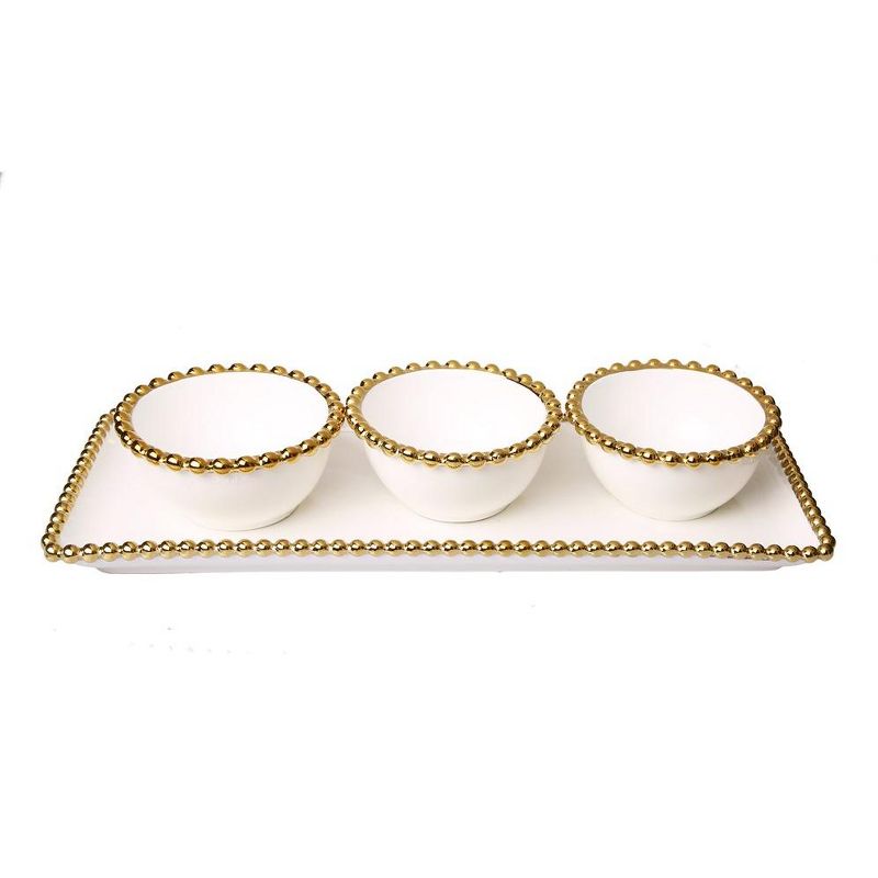 Classic Touch White Porcelain 3 Bowl Relish Dish with Gold Beaded Design