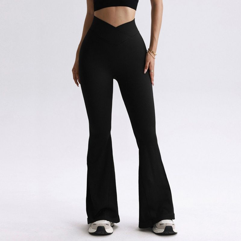 Anna-Kaci Active Women's High Waist Flare Leggings with V-Shaped Waistband and Stretch Rib Knit Fabric - X Large, Black