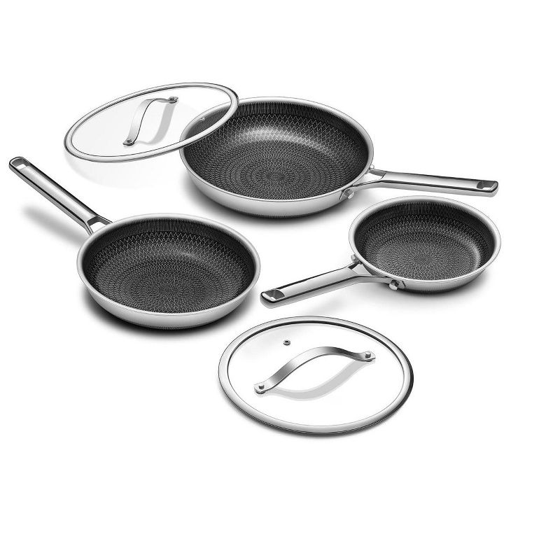 Itopfox Nonstick Frying Pan Set with Lids Tri-Ply Hybrid Ceramic Skillet Stainless Steel Pans, PFAS/PFOA/PTFE Free, Dishwasher & Oven Safe, Induction