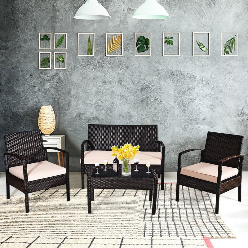 Costway Patio Rattan 4PCS Conversation Furniture Set Cushioned Seat Glass Table