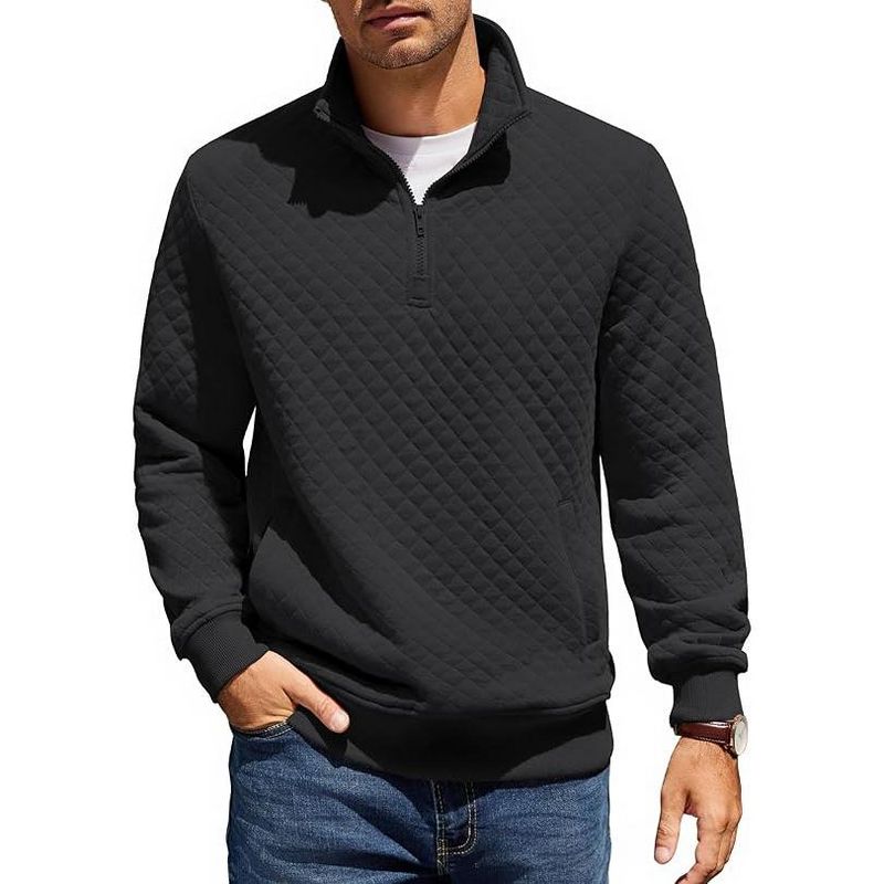COOFANDY Mens Quarter Zip Pullover Quilted Sweatshirt Knit Long Sleeve Mock Neck Sweater Polo with Pocket Black XL