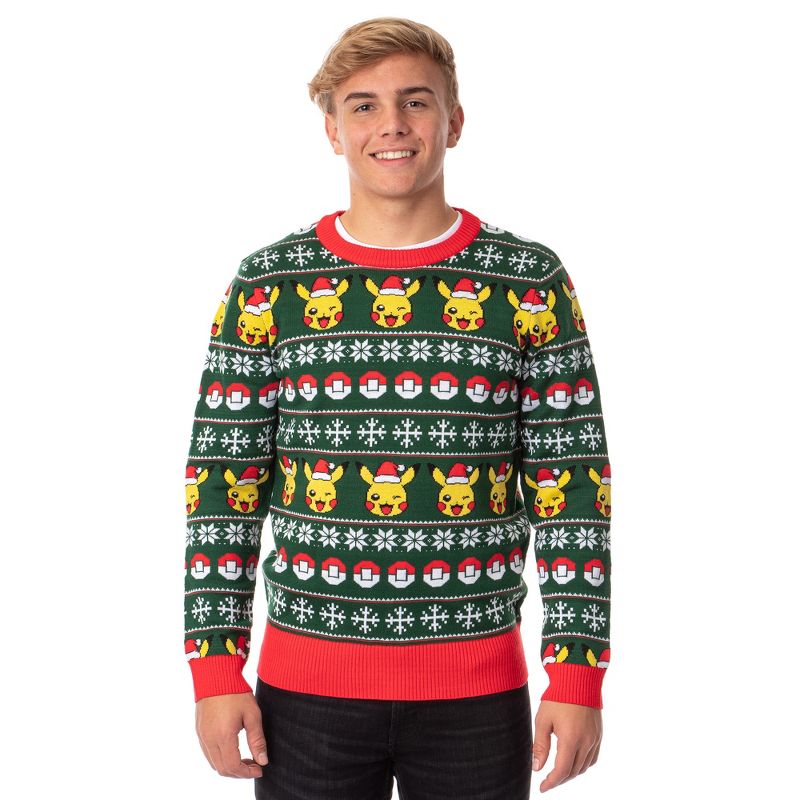 Pokemon Men's Santa Pikachu Holiday Fair Isle Ugly Sweater for Christmas (XX-Large) Green