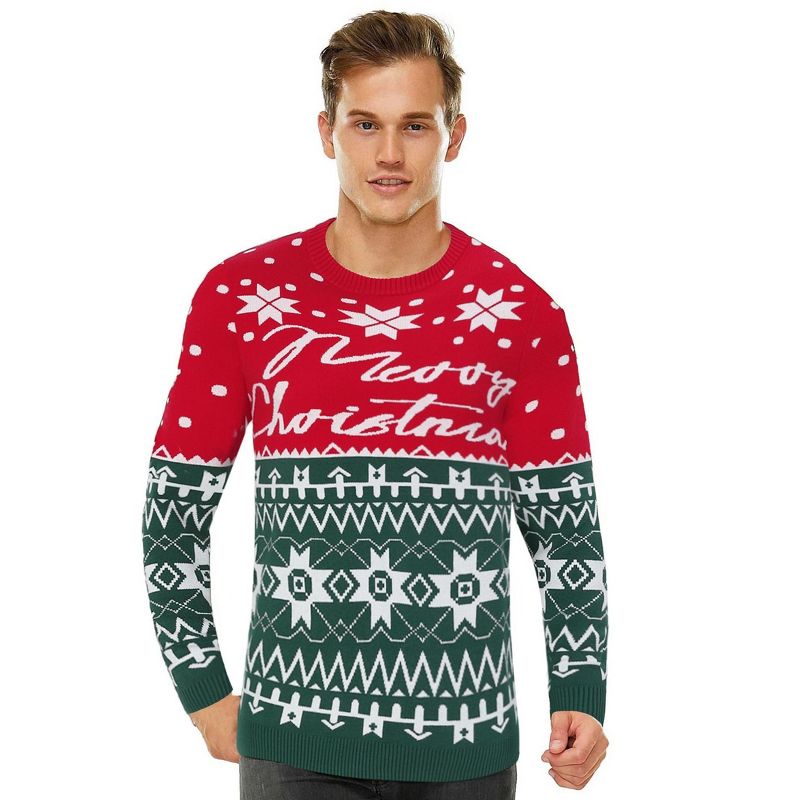 BLUEMING Mens Christmas Sweater Pullover Ugly Festive Crew Neck Sweater with Snowflakes Pattern Holiday Sweater,Red Green - S