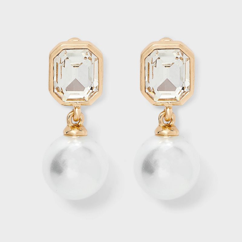 Classic Pearl Drop Earrings with Stone Post - A New Day™ Gold