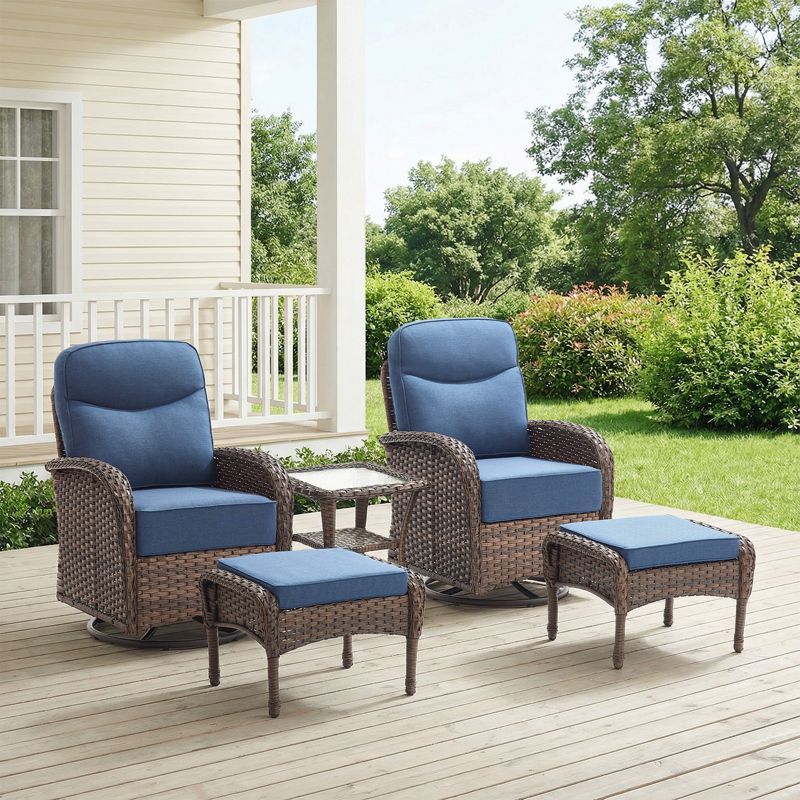 Gymojoy Luxury Patio Furniture Set with 6-inch Thick Cushion, Outdoor High Back Swivel Rocker Patio Chairs, 5PCS Wicker Conversation Set,Blue/Brown