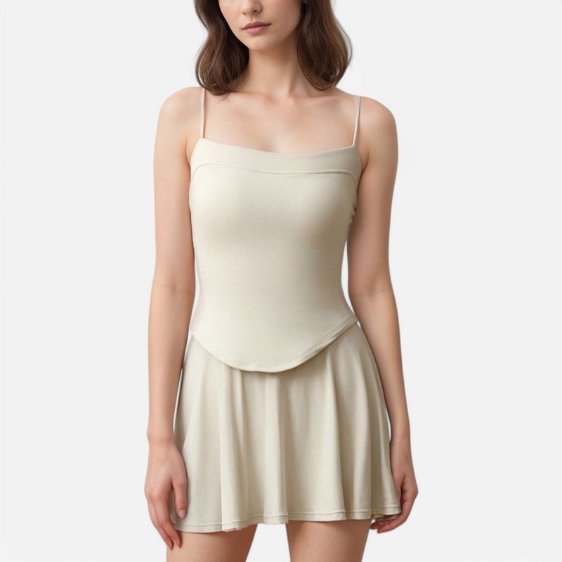 Anna-Kaci Active Women's Fitted Spaghetti Strap Asymmetrical Hem Tank Top with Seam Detail - Medium, Off White