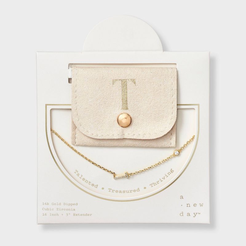 14K Gold Dipped Cubic Zirconia T Initial Necklace - A New Day™ Gold