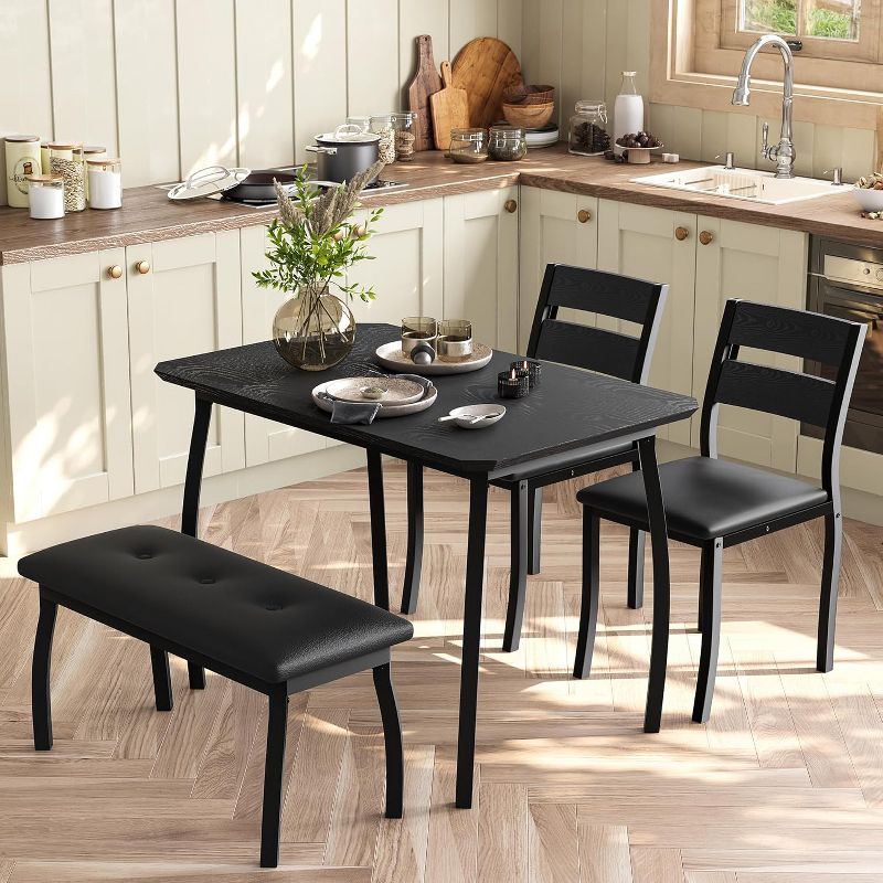 43" 4-Piece Dining Table Set with Bench and Upholstered Chairs, Compact Kitchen Table Set for 4, Modern for Apartment, Dining Room, Black
