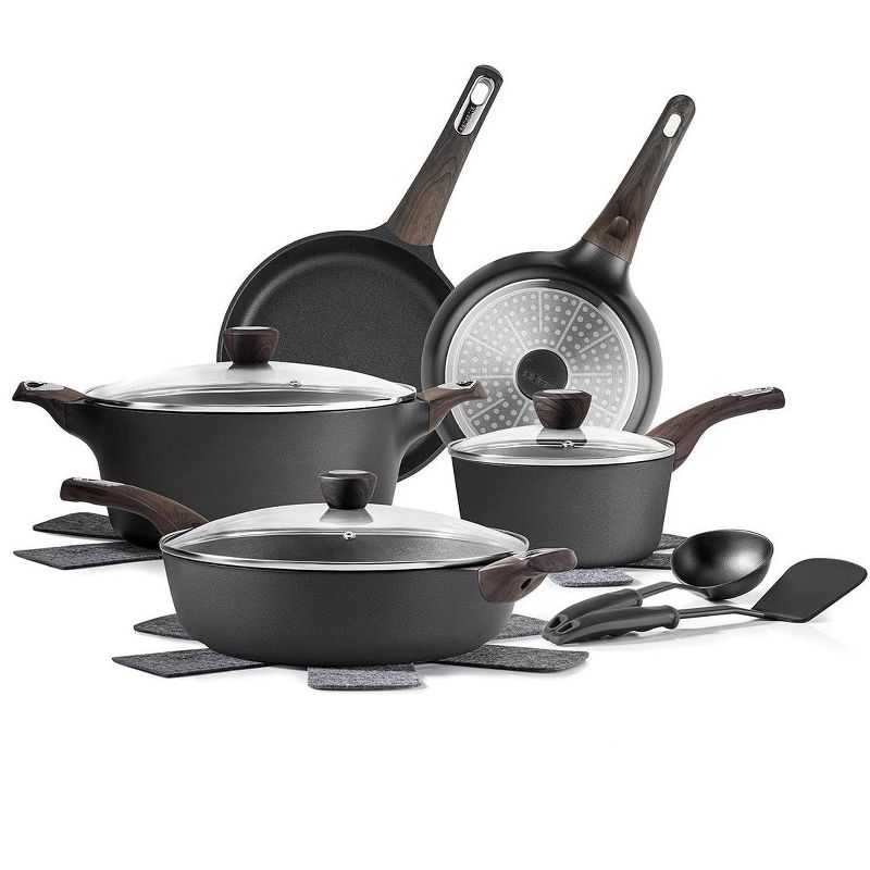 Itopfox Nonstick Cookware Set, 14-Piece Induction Safe Kitchen Pots and Pans, PFOA PFOS APEO Free, Healthy Non-Toxic Coating, Black