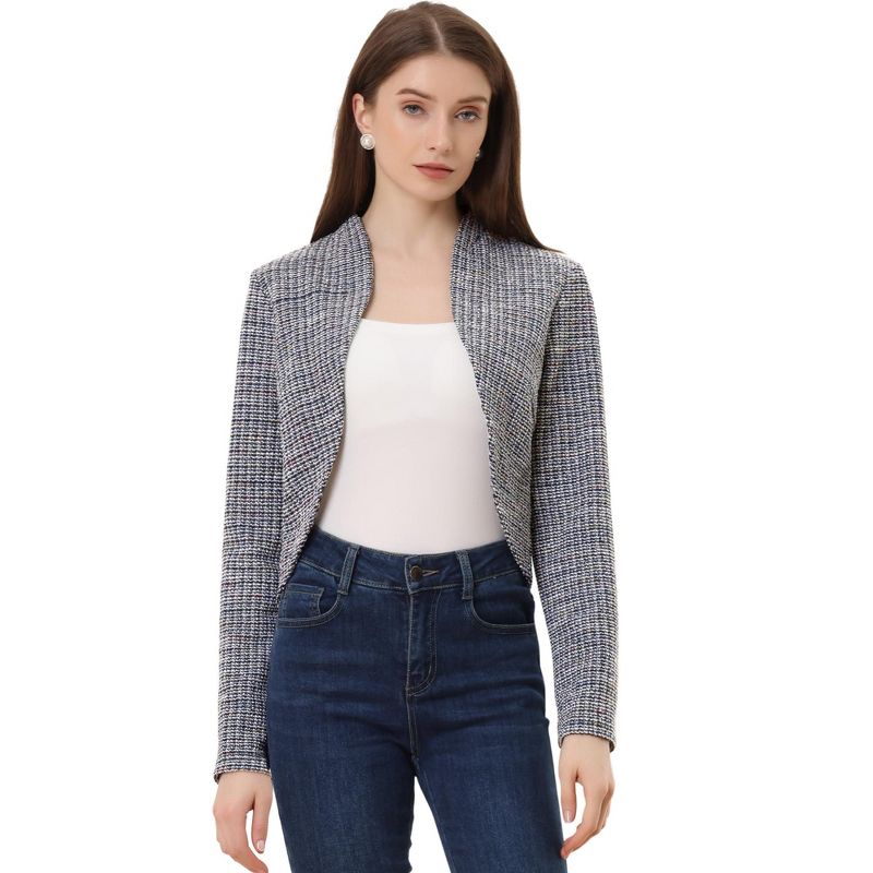 Allegra K Women's Elegant Cardigan Plaid Open Front Office Shrug Long Sleeve Cropped Bolero Top Dark Grey Medium