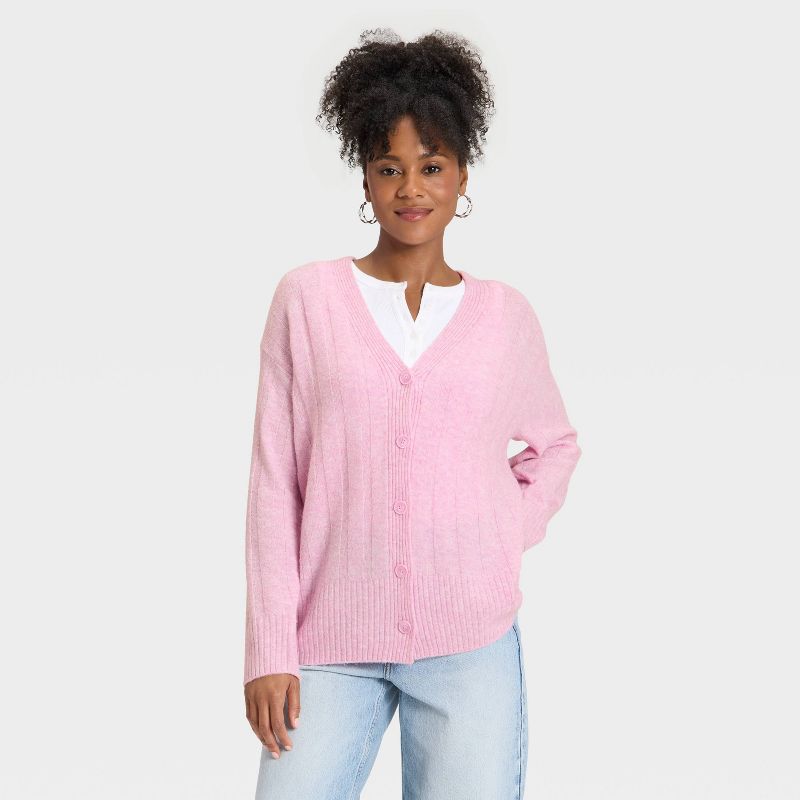 Women's V-Neck Knit Ribbed Cardigan Sweater - Universal Thread™ Pink M