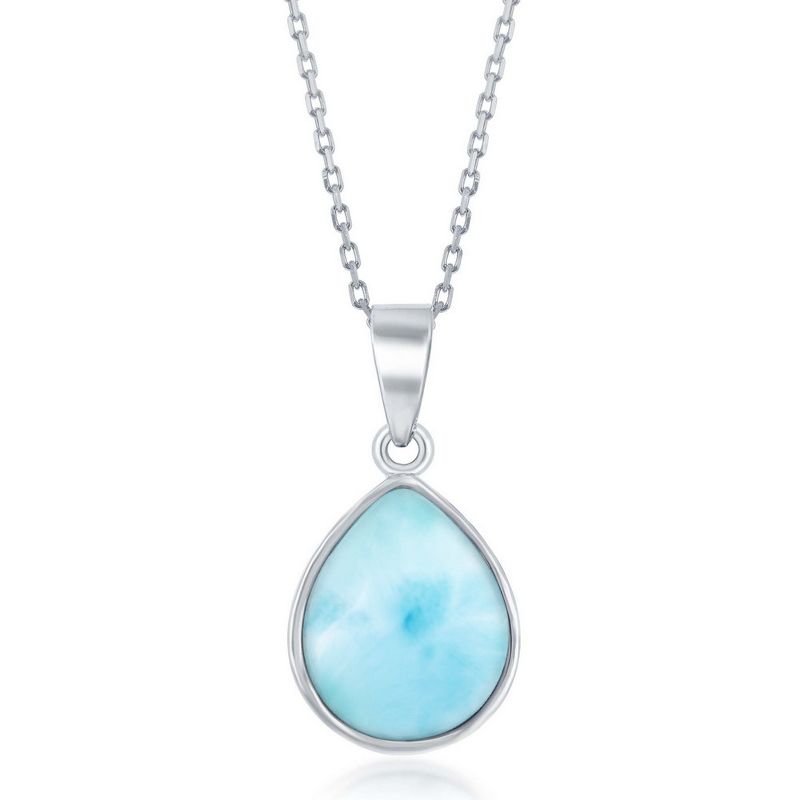 Caribbean Treasures Sterling Silver, Teardrop Larimar, Bezel-set 18" Pendant Necklace - Blue