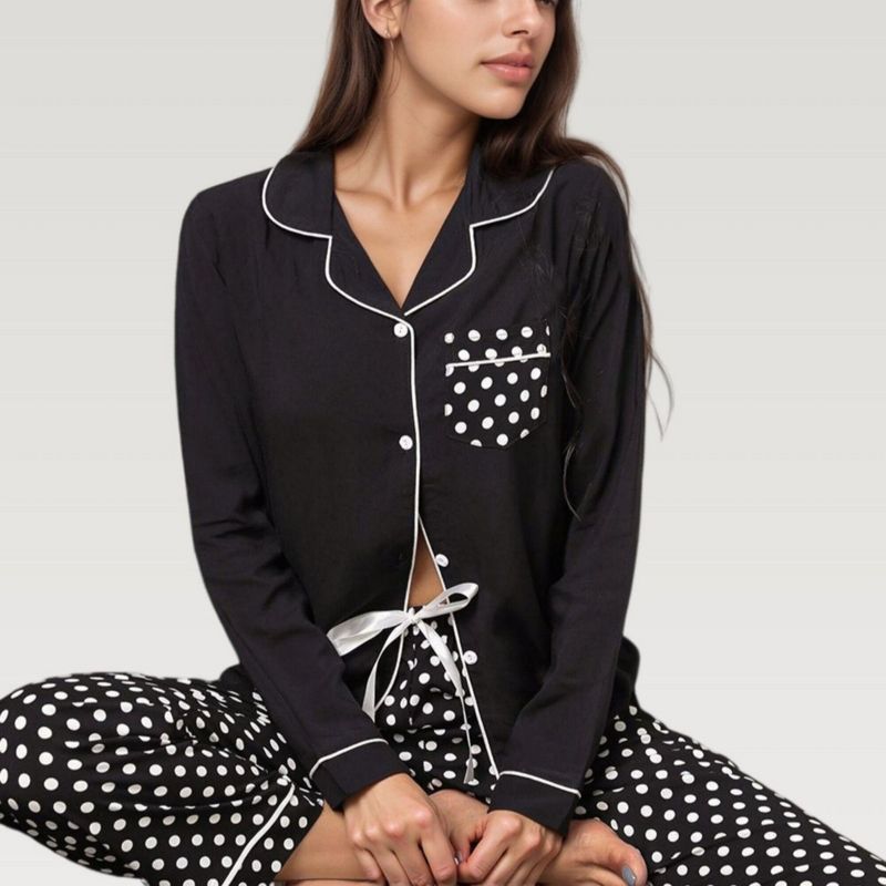 Anna-Kaci Lounge Women's Polka Dot Pajama Set with Long Sleeve Button Top and Elastic Waist Pants - Large, Black