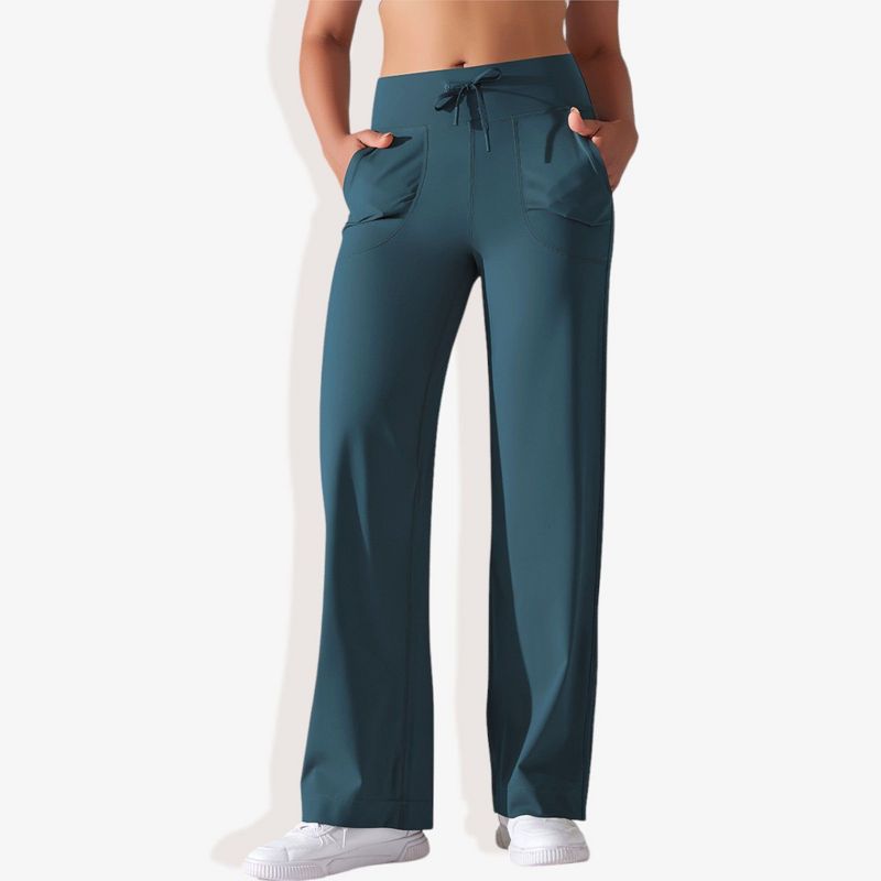 Anna-Kaci Active Women's Wide Adjustable Waist Band Curved Pocket Straight Leg Athletic Joggers - X Large, Blue