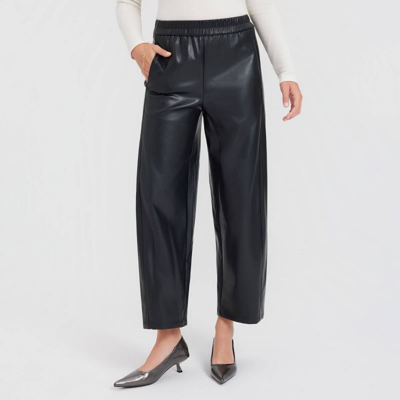 Women's Mid-Rise Barrel Leg Faux Leather Pull-On Pants - A New Day™ Black XL