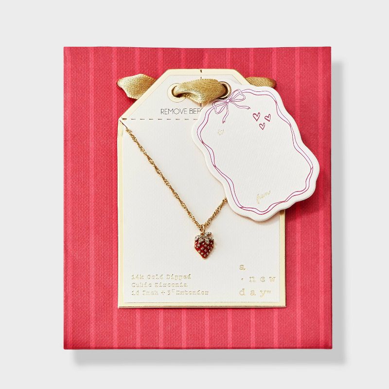 14K Gold Dipped Valentines Red Enamel Strawberry Pendant Necklace Extender - A New Day™
