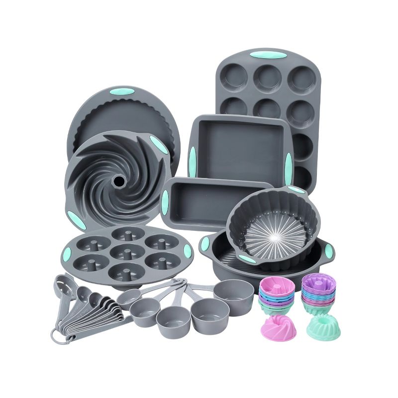 Itopfox 49-Piece Silicone Bakeware Set, Heat-Resistant Nonstick Baking Pans for Cake, Bread, Muffin, Includes Measuring Cups & Spoons, Light Grey
