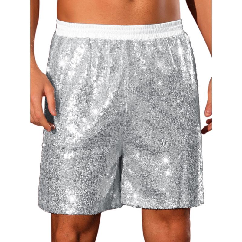 Lars Amadeus Men's Elastic Waist Party Disco Sparkly with Pocket Sequins Shorts 34 Silver