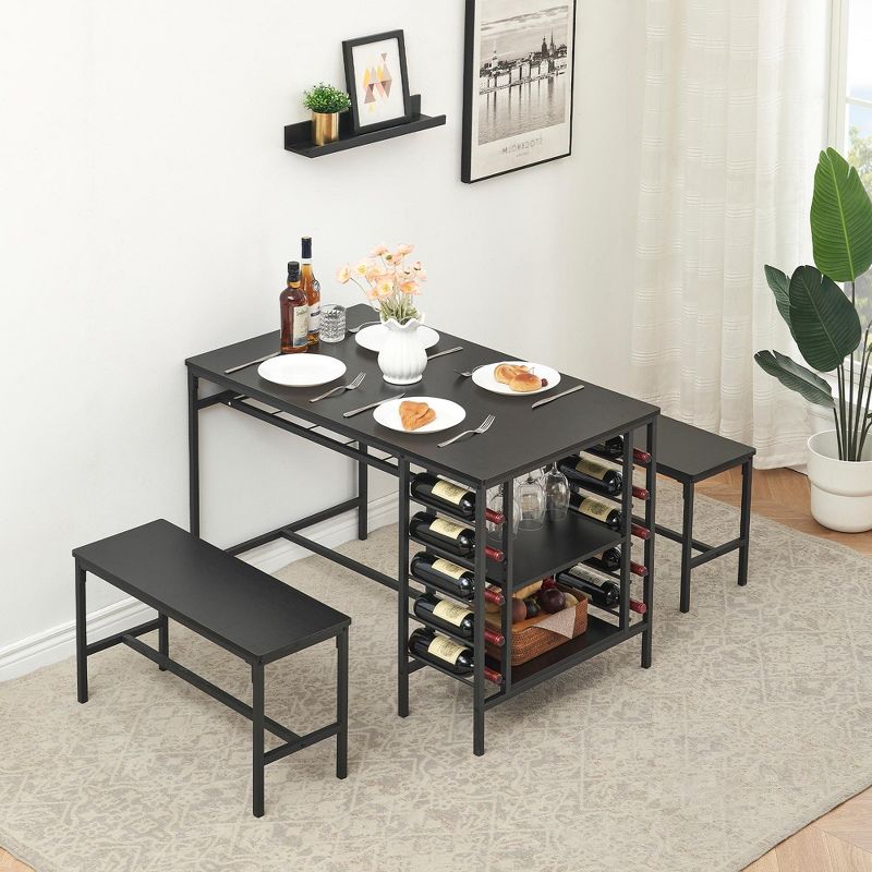 Dining Table Set for 4, Kitchen Table Set with 2 Long Benches 3 Pieces, Dining Room Table with Storage Shelves for Small Space Apartment, Black