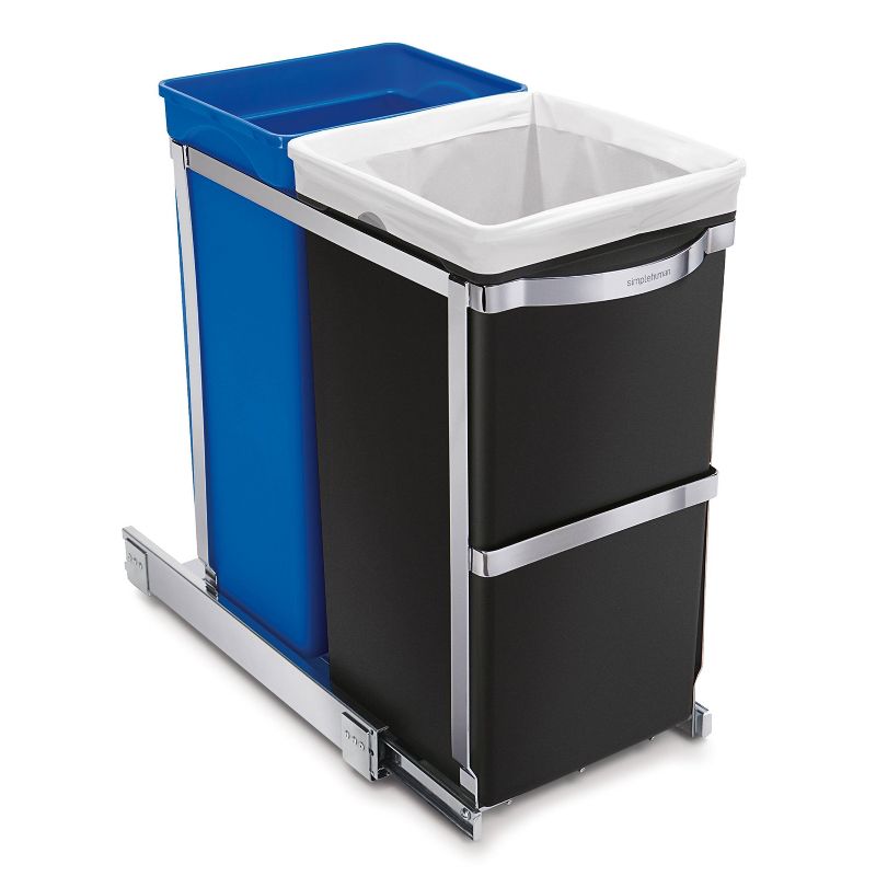 simplehuman 35L Under Counter Pull Out Trash Can Dual Bucket Recycling Garbage Can with Heavy Duty Frame