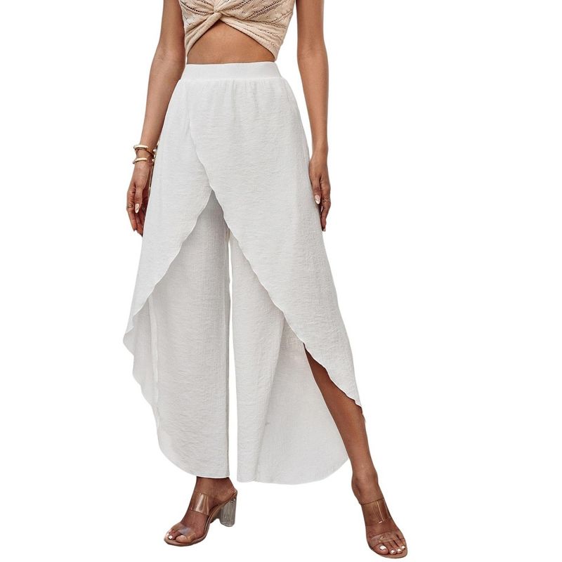 Coolmee Flowy Pants for Women Wide Leg High Waisted Palazzo Boho Front Slit Ruffle Beach Summer Harem Pants for Casual Dance L White