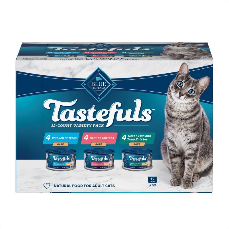 Blue Buffalo Tastefuls Natural Pate Wet Cat Food Variety Pack with Salmon, Chicken, Ocean Fish & Tuna Entrées - 3oz/12ct