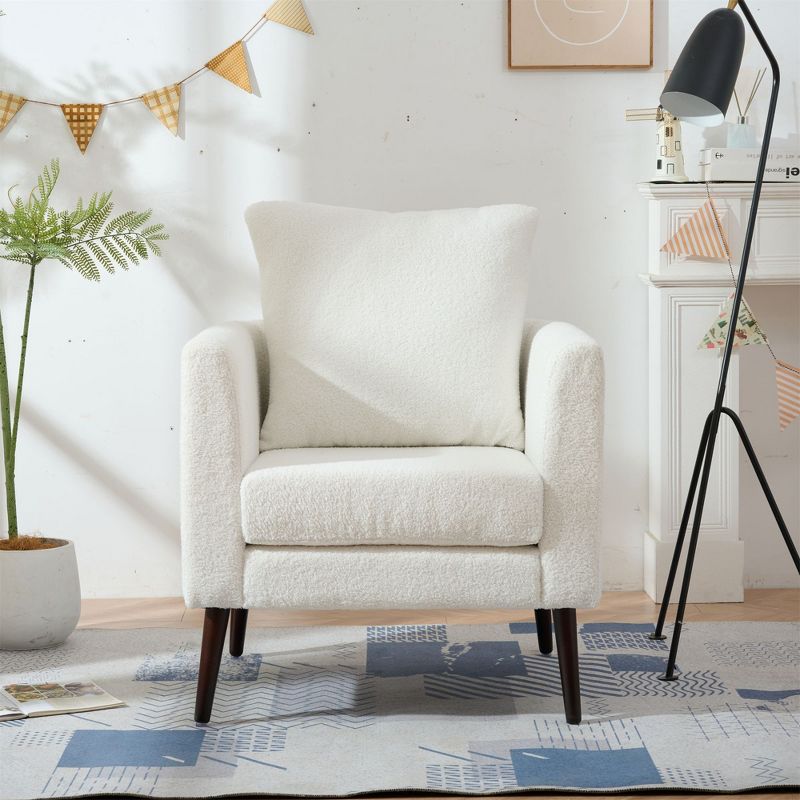 PAGED Modern Accent Chair with Pillow, Upholstered Arm Chair with Wood Legs, Reading Chair for Bedroom, Living Room Furniture, White