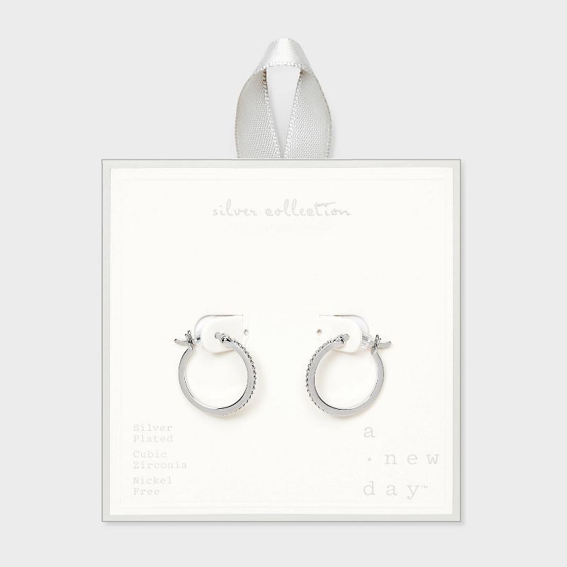Silver Plated Brass Cubic Zirconia Pave click top Hoop Earrings - A New Day™ Silver: Polished Nickel-Free