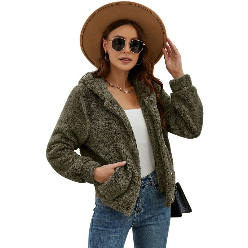 Coolmee Womens Fuzzy Short Jacket Hooded Cardigan Open Front Fleece Coat Outwear with Pockets Army Green XL