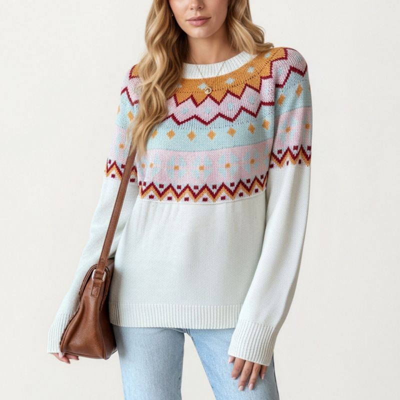 Anna-Kaci Women's Long Sleeve Knit Sweater with Geometric Pattern and Ribbed Hem Detail - Small, White