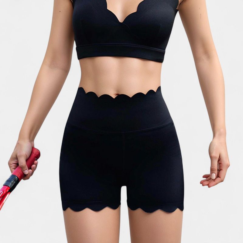 Anna-Kaci Active Women's Scalloped High Waist Athletic Shorts with Soft Stretch Fabric and Seamless Waistband - Medium, Black