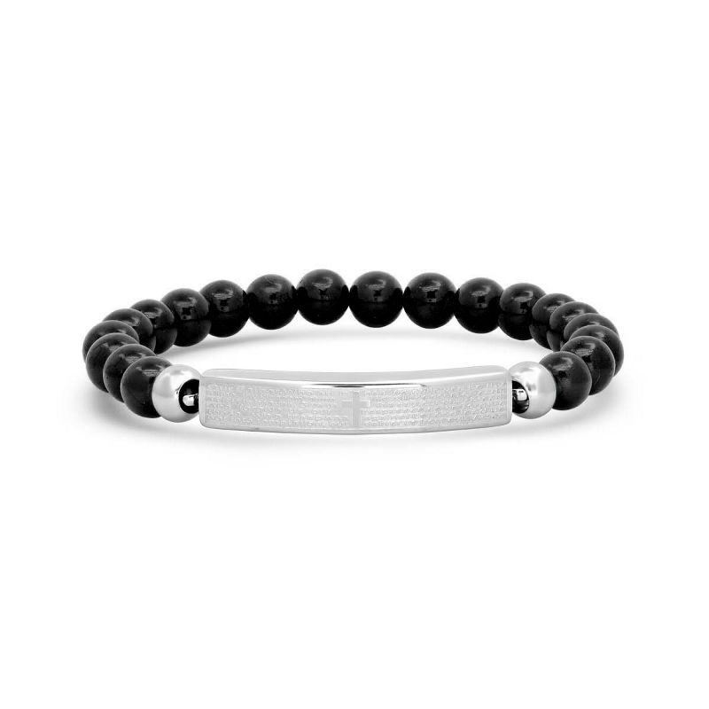 Steeltime Men's black lava and stainless steel Our Father id beaded bracelet. Color Options: Silver, Gold