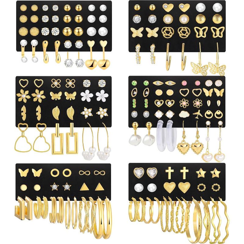 84-Pair Gold Stud Earrings Multipack: Pearl, CZ & Butterfly Designs, Hypoallergenic Ear Jewelry Set Gold One Size