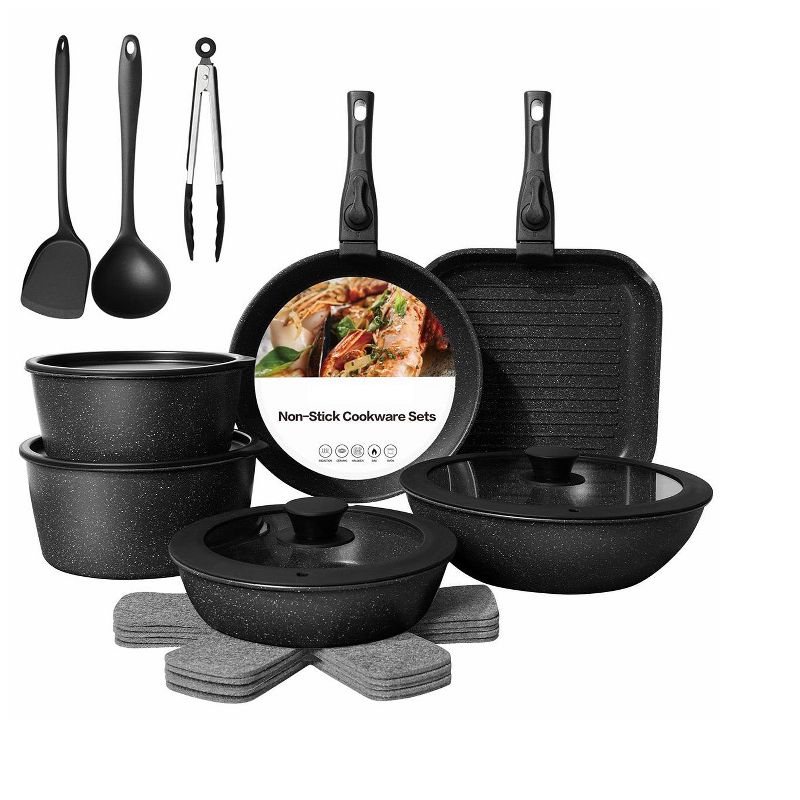 Itopfox 20-Piece Non-Stick Cookware Set with Detachable Handles, Stackable Pots and Pans for Induction, Oven Safe, Dishwasher Safe, Granite Coating