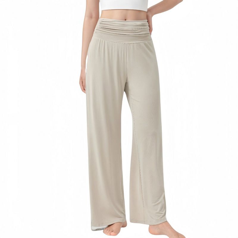 Anna-Kaci Active Women's Wide Leg Lounge Pants with Fold Over Waistband and Adjustable Drawstring Hem - Large, Beige