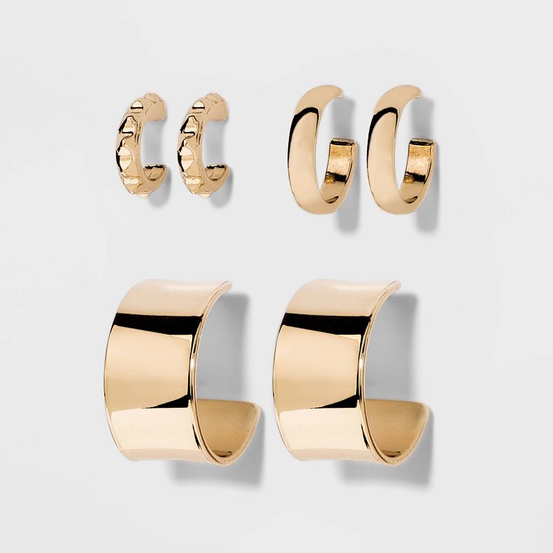 Multi-Width Hoop Earring Set 3pc - A New Day™ Gold: Brass, Nickel-Free Metal, Post Closure, 5.22" Length, 3.35" Width