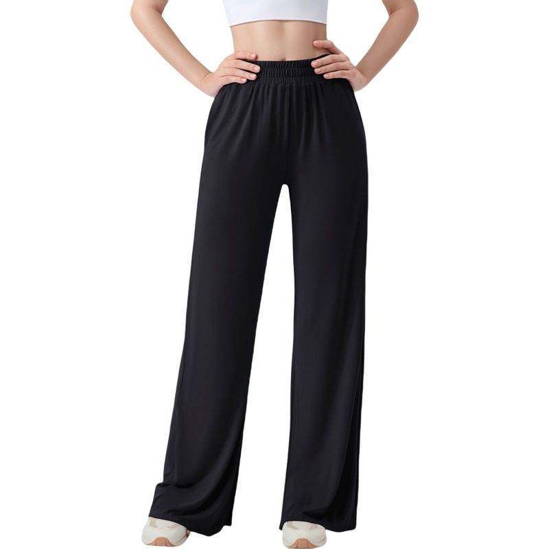 Anna-Kaci Active Women's Wide Leg Lounge Pants with Elastic Waistband and Side Slit Hem Detail - Large, Black