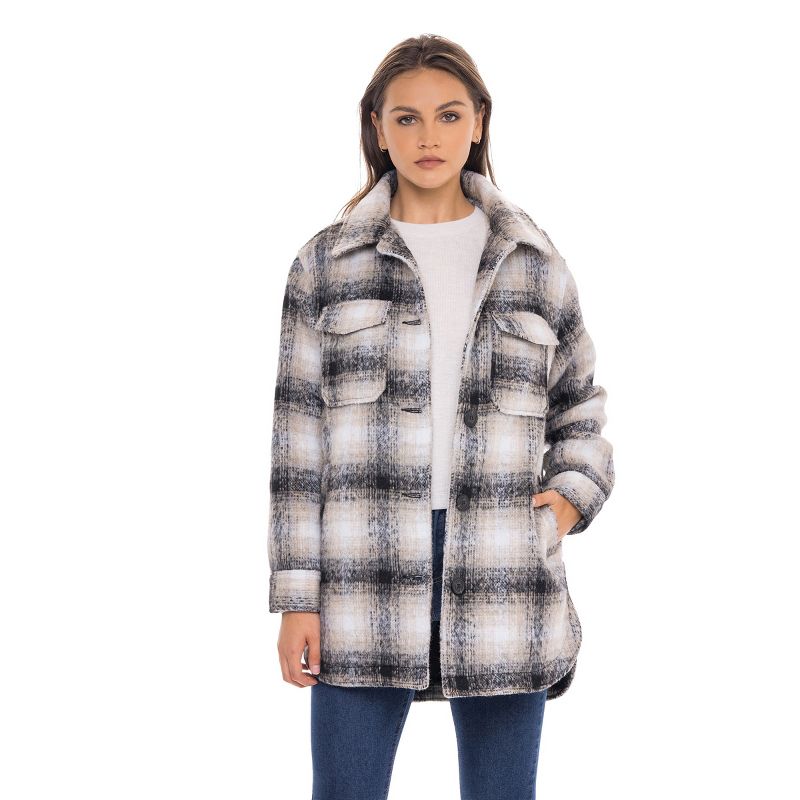 Women's Oversized Plaid Shirt Shacket Lined Coat - S.E.B. By SEBBY Beige/Black Large